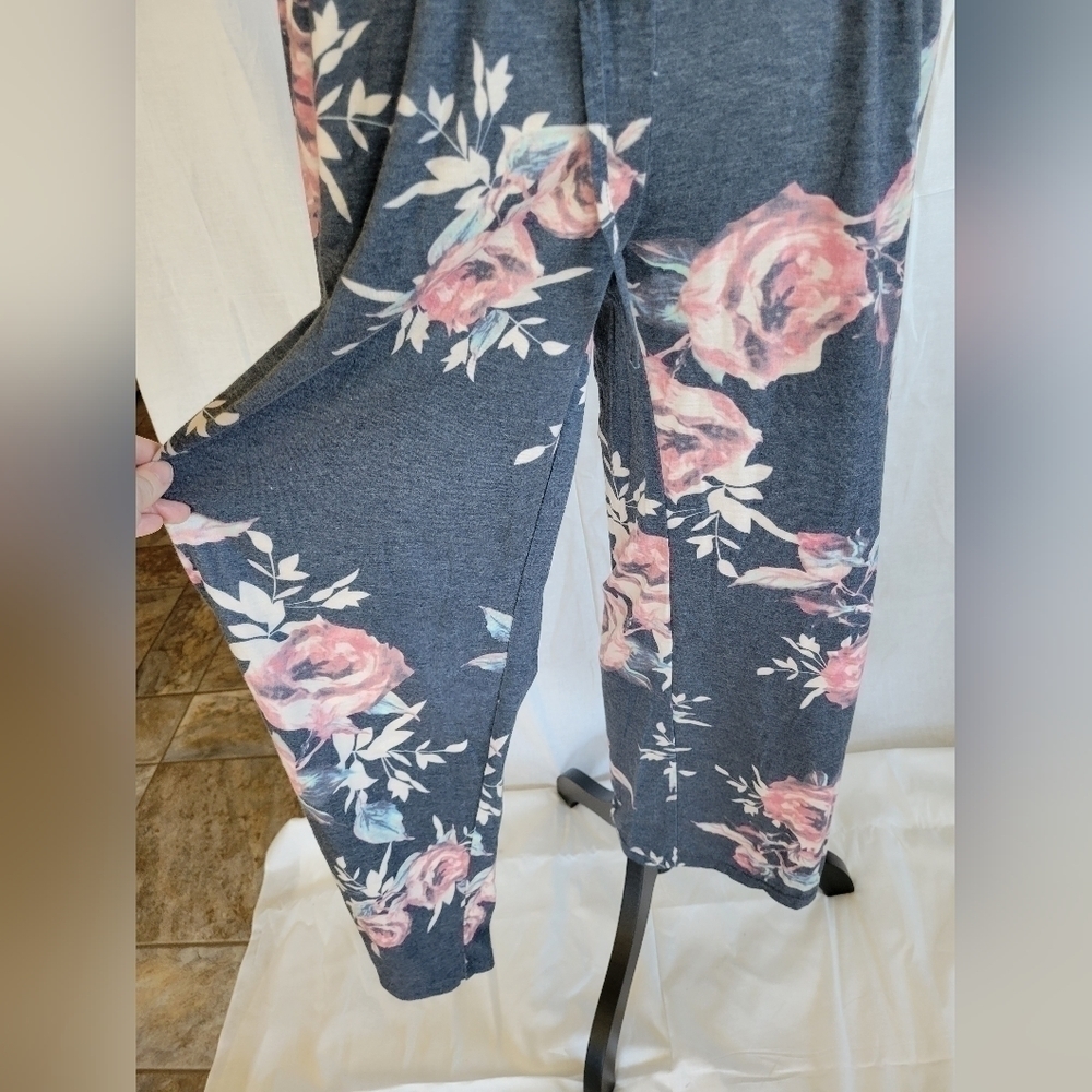 Tickled Teal blue grey floral drawstring jumpsuit w/pockets S - Picture 2 of 12